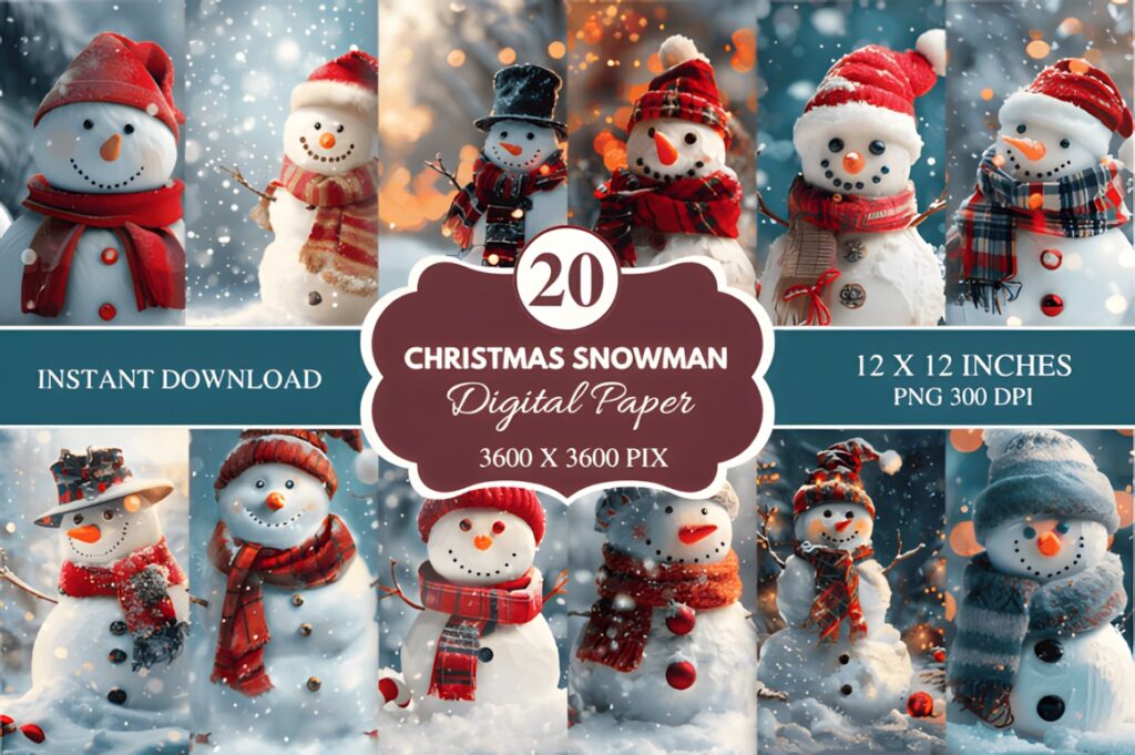 Christmas digital scrapbook paper featuring various snowmen in winter scarves and hats with snowy backgrounds