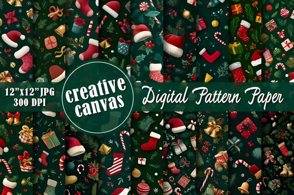 Christmas digital scrapbook paper featuring stockings, ornaments, candy canes, and holiday greenery on dark backgrounds