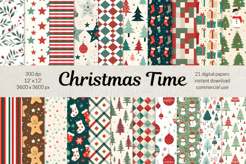 Christmas digital scrapbook paper collection featuring festive patterns like trees, stockings, ornaments, and gingerbread in