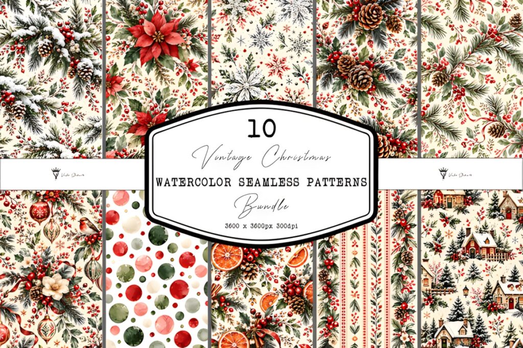 Christmas digital scrapbook paper featuring watercolor seamless patterns with poinsettias, pine cones, berries, and festive