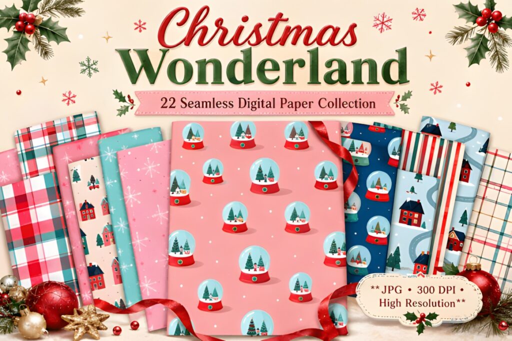 Christmas digital scrapbook paper featuring Christmas Wonderland seamless patterns with snow globes, plaid, and festive