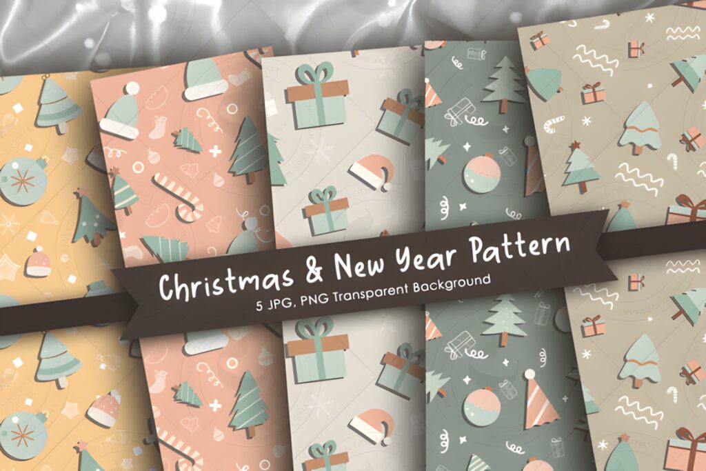 Christmas digital scrapbook paper featuring pastel patterns with trees, gifts, candy canes, and holiday elements