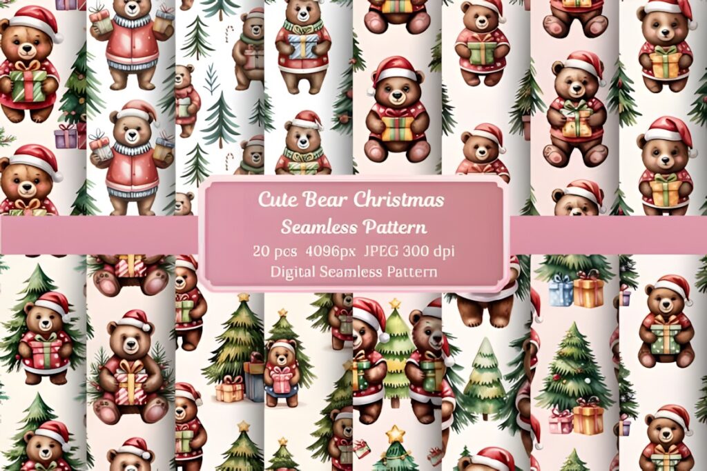 Christmas digital scrapbook paper with cute bear characters, gifts, candy canes, and Christmas trees in a seamless pattern