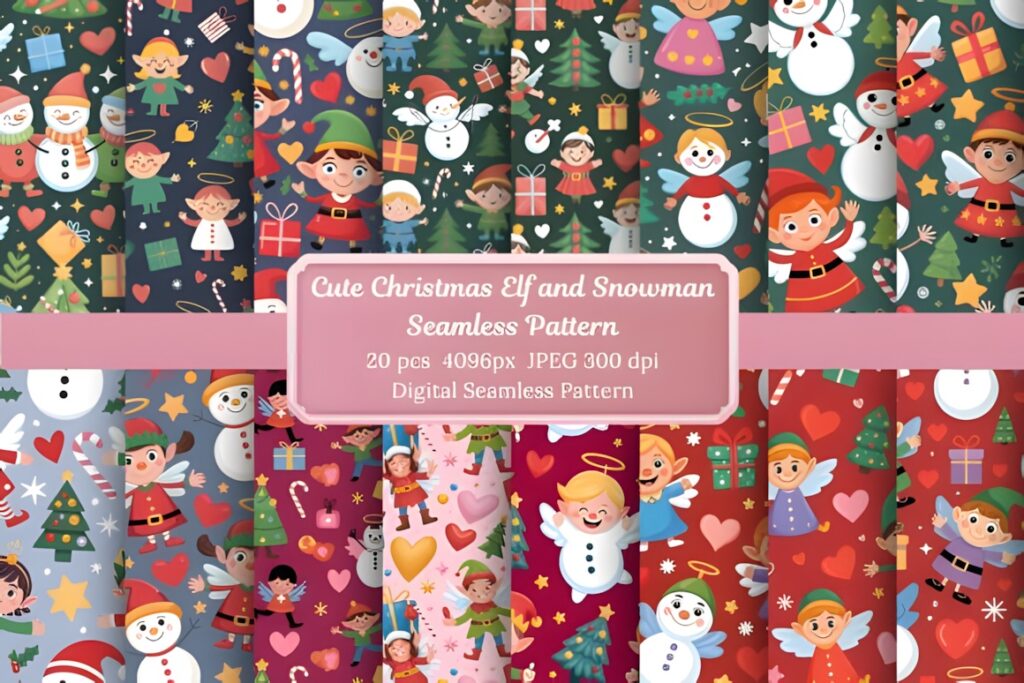 Christmas digital scrapbook paper featuring colorful elf and snowman seamless patterns with gifts and Christmas trees