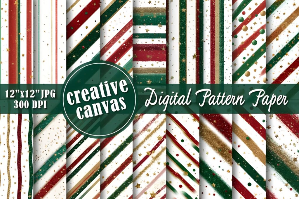 Christmas digital scrapbook paper with glittery red, green, and gold striped patterns for holiday cards