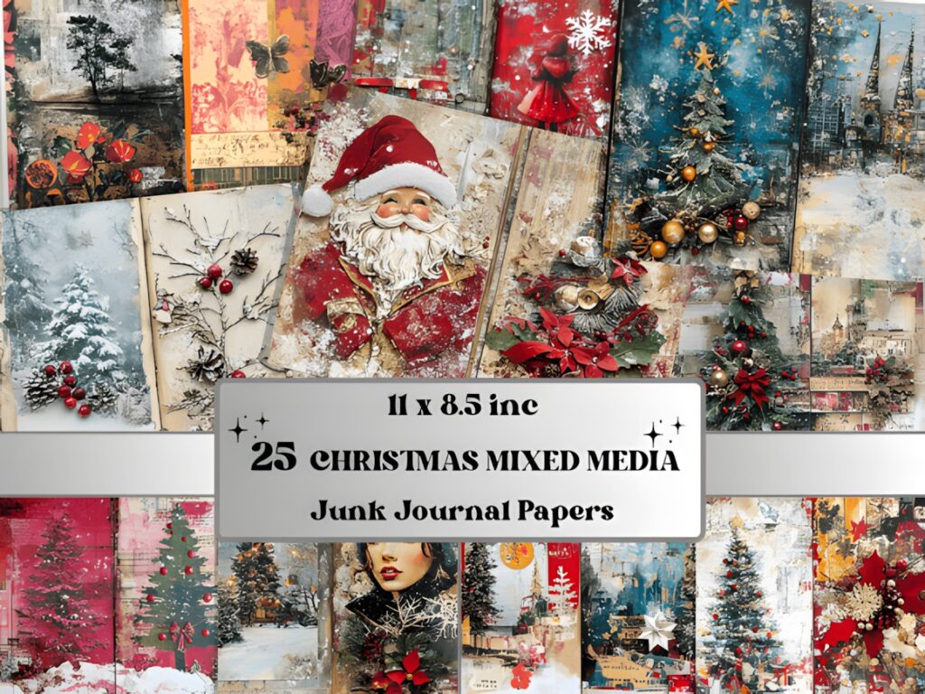 Christmas digital scrapbook paper featuring mixed media holiday designs with Santa, trees, and festive elements