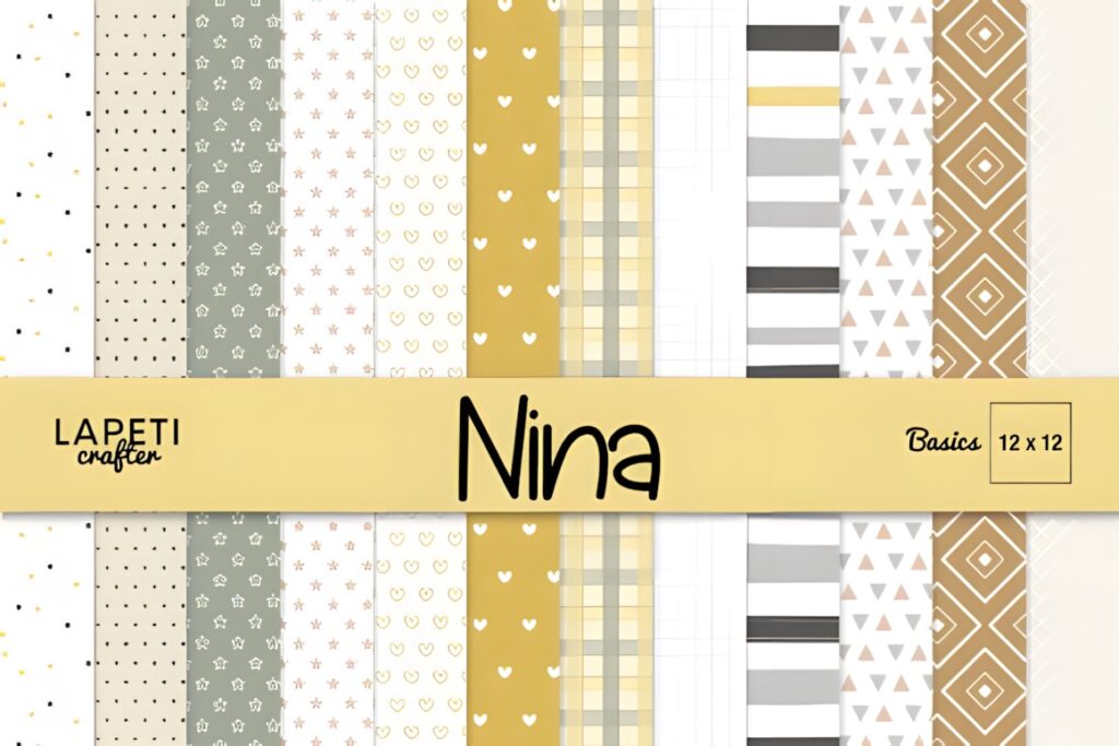 Christmas digital scrapbook paper pack with neutral colors including beige, mustard, gray, and sage in various patterns