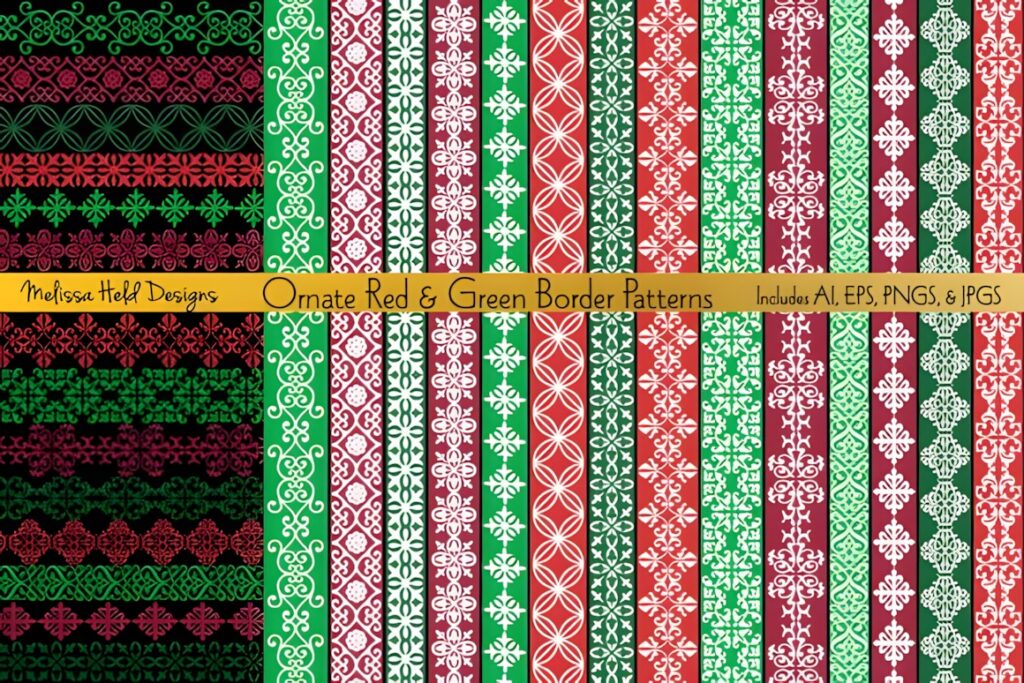Christmas digital scrapbook paper featuring ornate red and green border patterns with various decorative designs