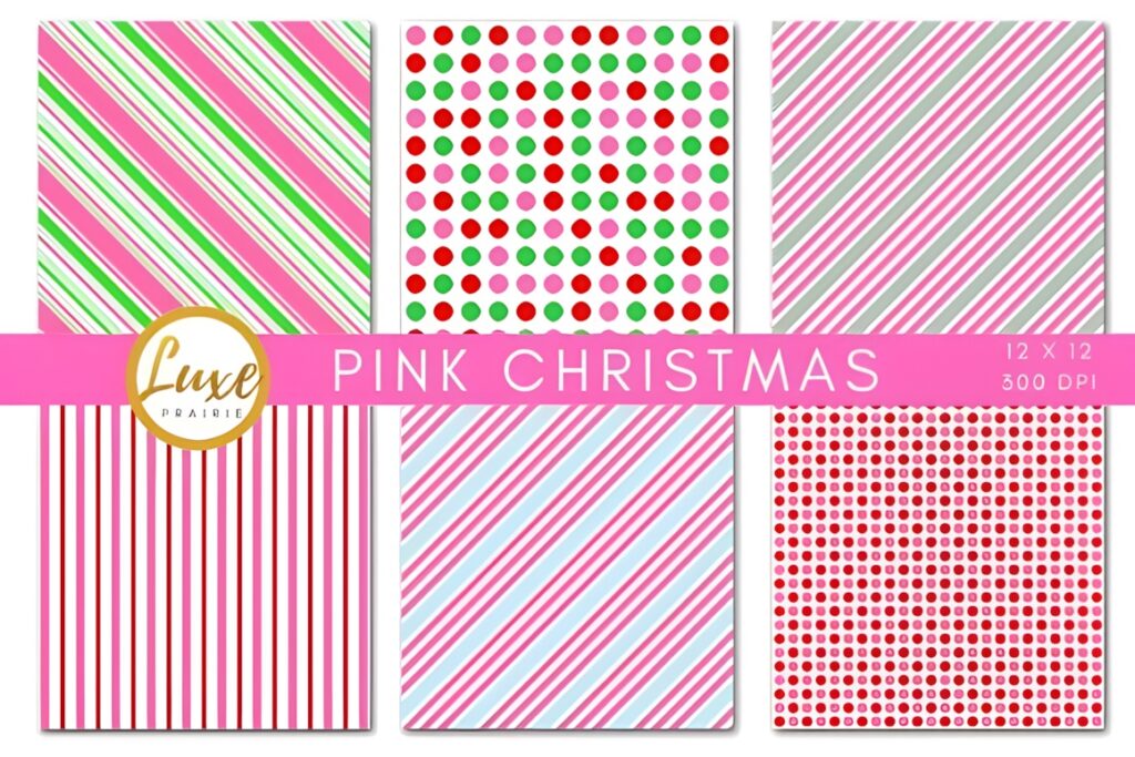 Christmas digital scrapbook paper with six colorful pink-themed 12x12 inch patterns including stripes and dots