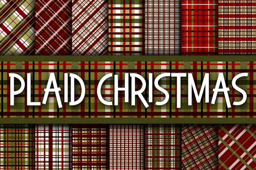 Christmas digital scrapbook paper featuring a set of 14 classic plaid patterns in red, green, and white tones