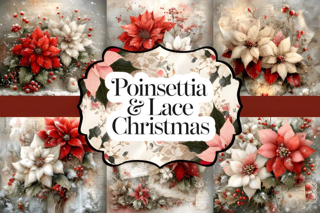 Christmas digital scrapbook paper featuring poinsettias and lace in red, white, and beige tones for elegant holiday cards