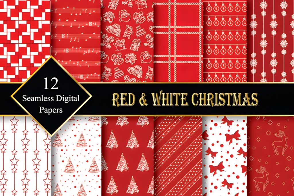 Christmas digital scrapbook paper with red and white seamless patterns including stars, trees, ornaments, and reindeer