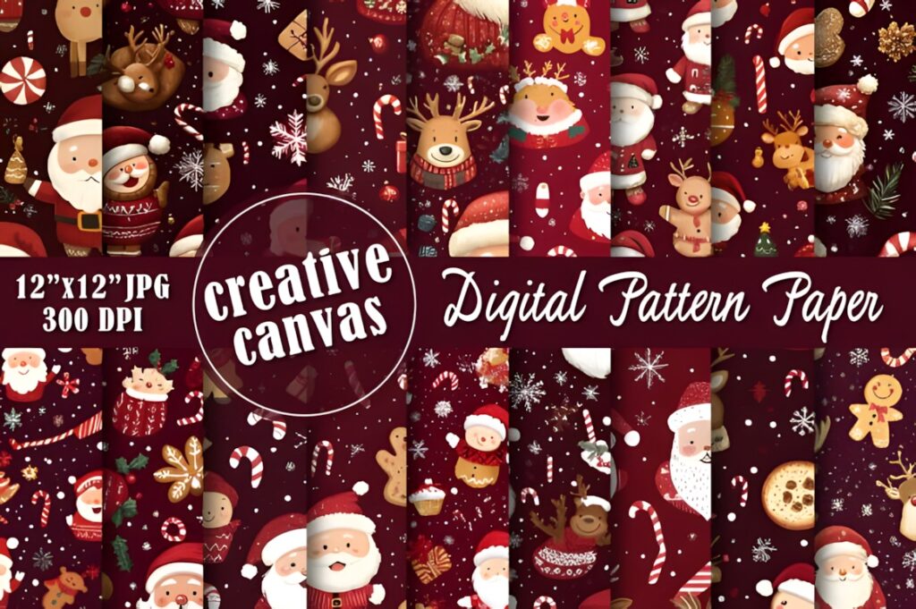 Christmas digital scrapbook paper featuring reindeer, gingerbread, Santa, and festive holiday patterns on a dark red