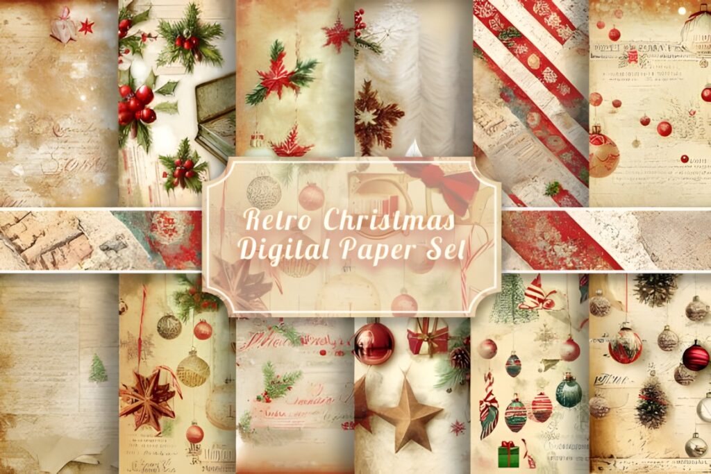 Christmas digital scrapbook paper with retro Victorian motifs including aged paper, holly, ornaments, and faded text