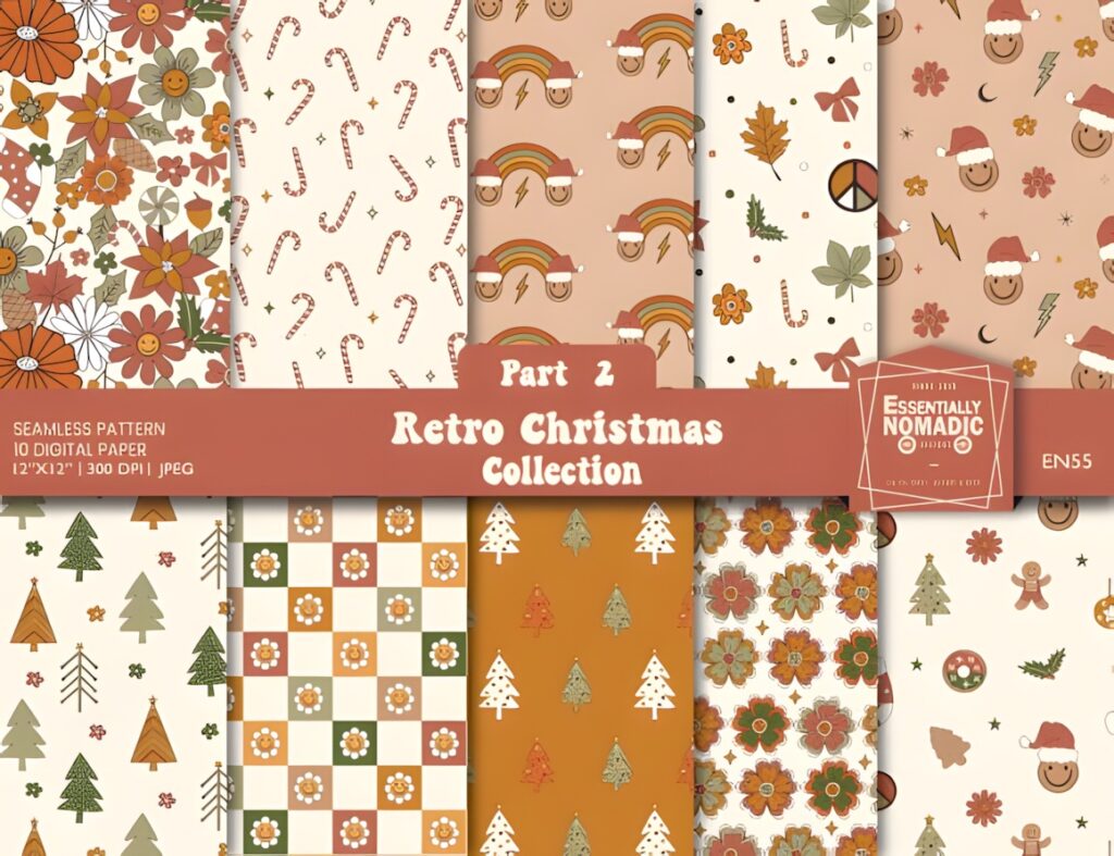 Christmas digital scrapbook paper with retro 1970s patterns in muted green, red, and beige