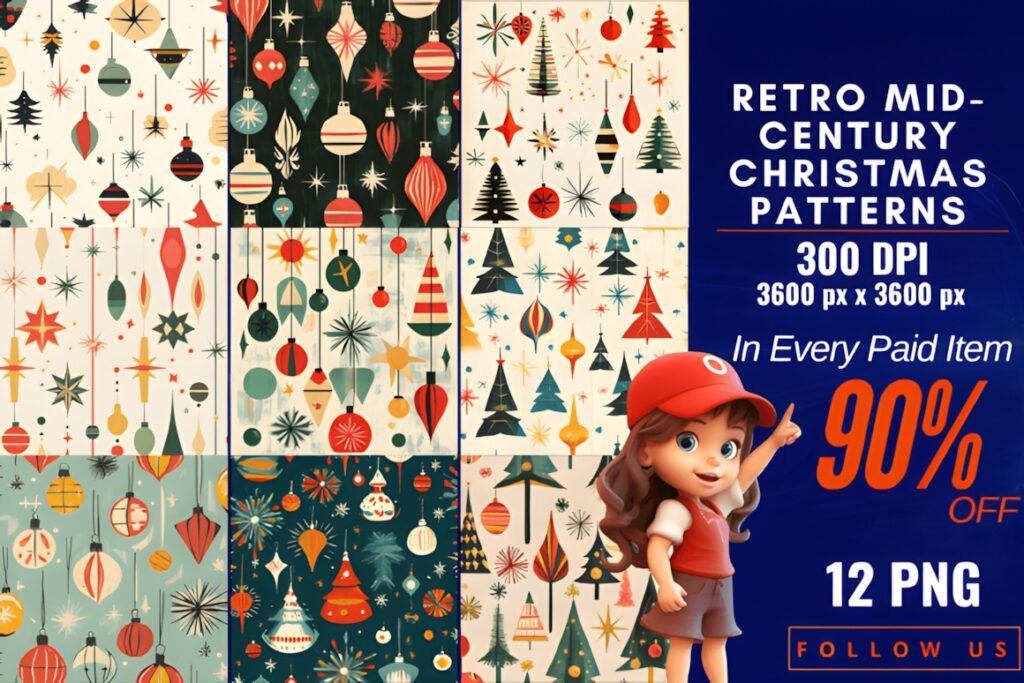 Christmas digital scrapbook paper with retro mid-century patterns featuring geometric shapes and atomic-inspired Christmas