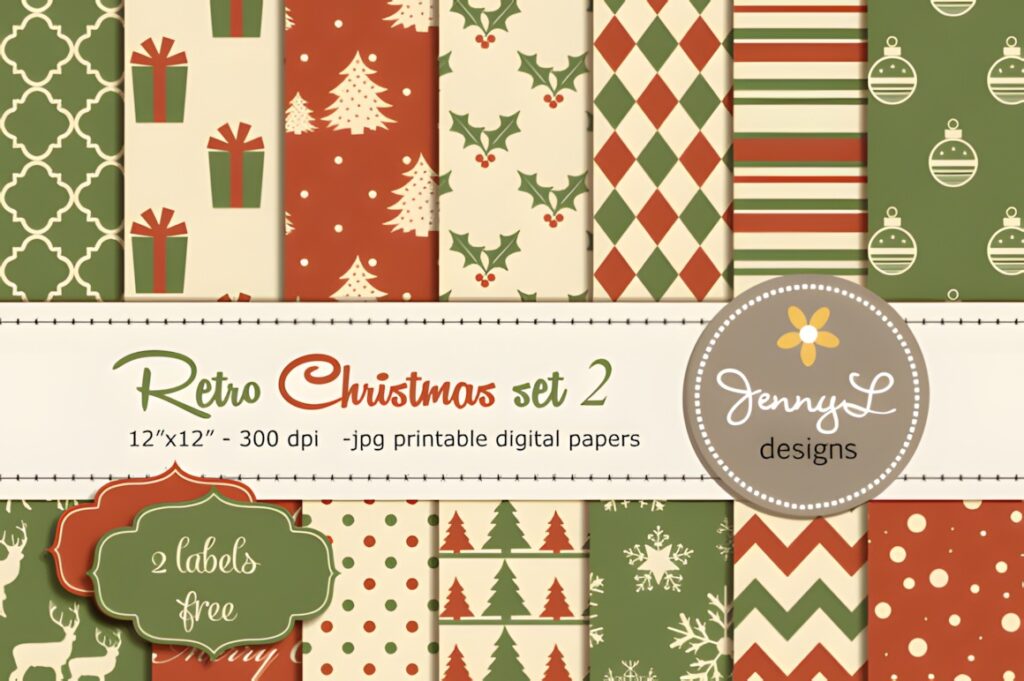 Christmas digital scrapbook paper with retro vintage patterns including gifts, trees, holly, diamonds, stripes, and ornaments