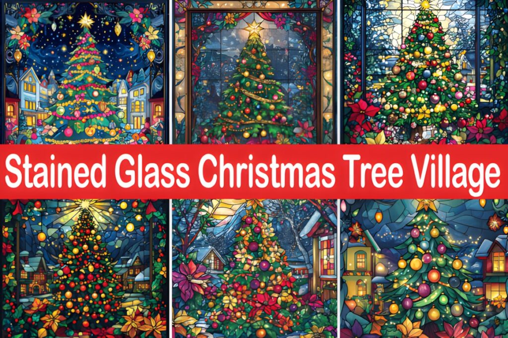 Christmas digital scrapbook paper featuring stained glass Christmas tree village with decorative trees and village scenes
