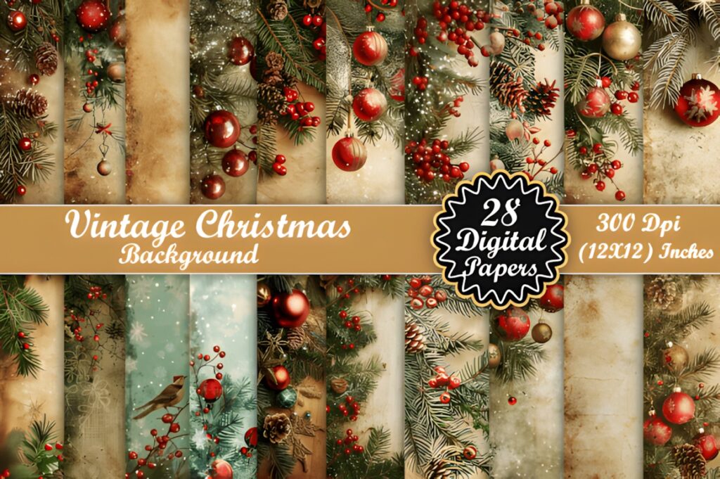 Christmas digital scrapbook paper featuring vintage holiday backgrounds with pine branches, red berries, and ornaments