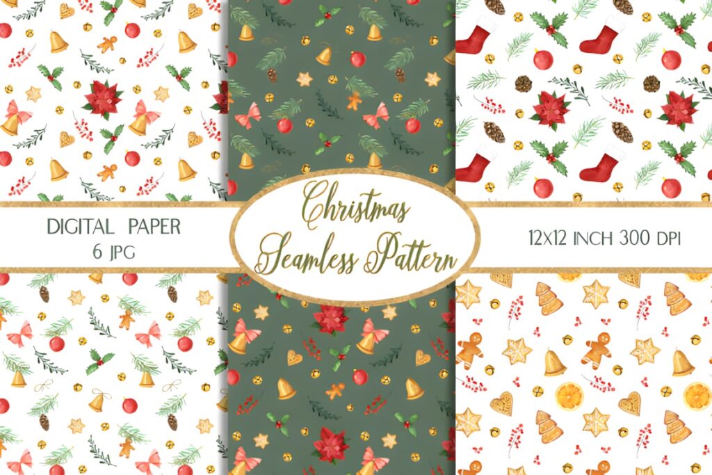 Christmas digital scrapbook paper with seamless patterns of poinsettias, bells, holly, stockings, and stars on white and