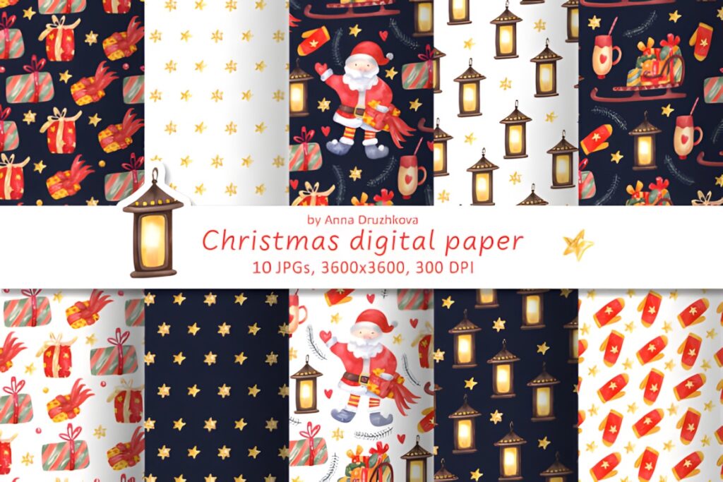 Christmas digital scrapbook paper set with hand-painted designs including Santa, gifts, stars, lanterns, and mittens in