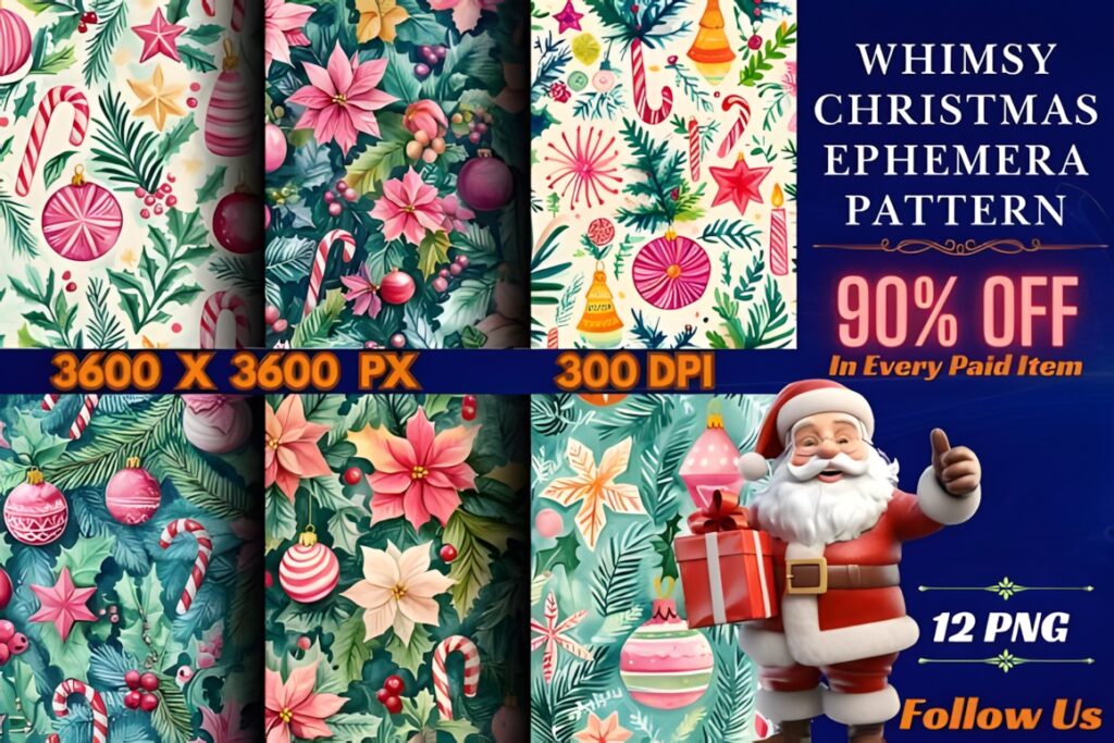 Christmas digital scrapbook paper featuring whimsical holiday patterns with candy canes, poinsettias, ornaments, and festive