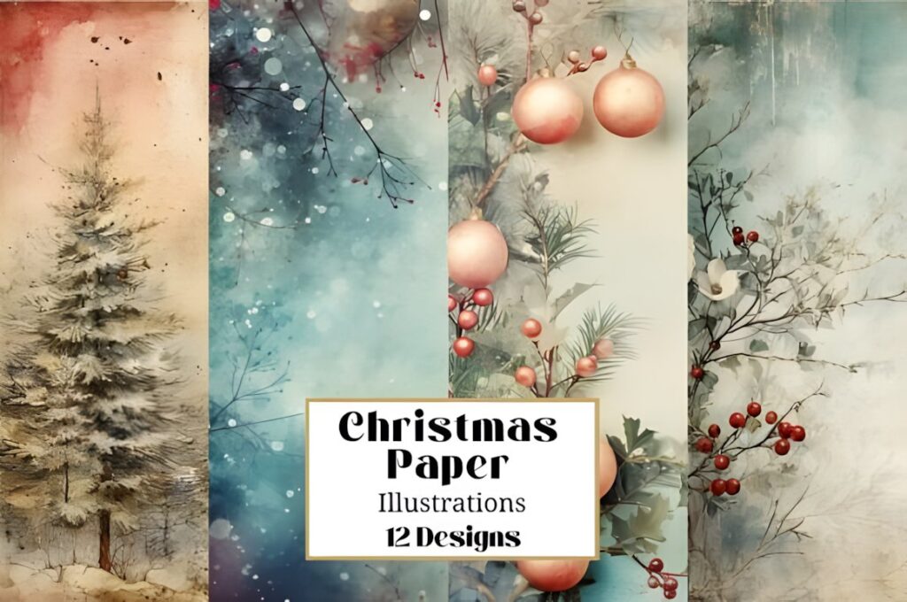 Christmas digital scrapbook paper set featuring 12 designs with trees, ornaments, and winter foliage backgrounds