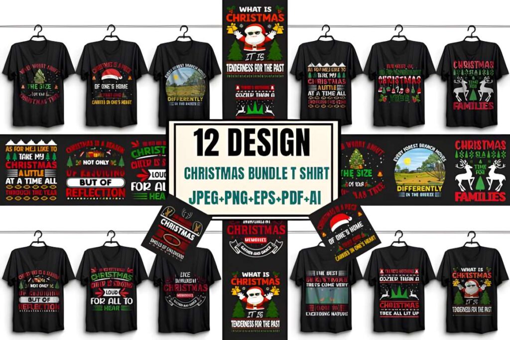 Christmas t-shirt design ideas for POD sellers featuring 12 unique Christmas-themed designs in a bundle