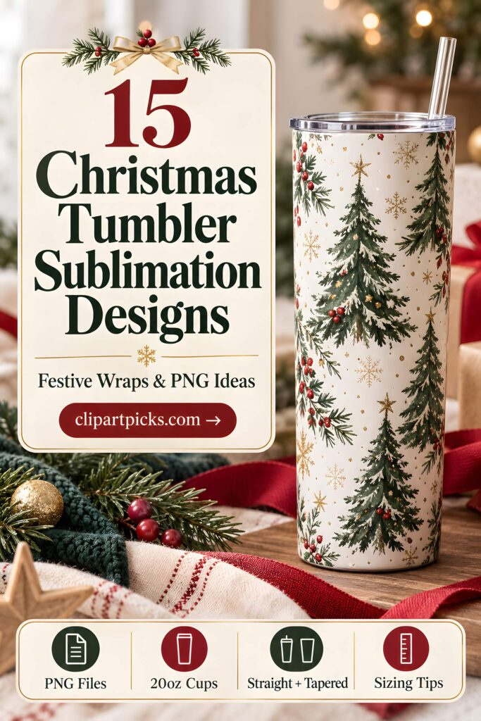 Christmas tumbler sublimation designs featuring festive pine tree and snowflake wrap on tapered cup