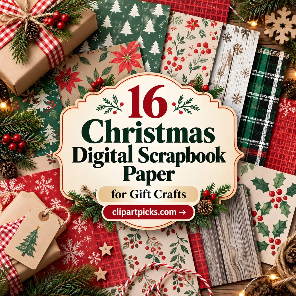 16 Christmas Digital Scrapbook Paper for Gift Crafts