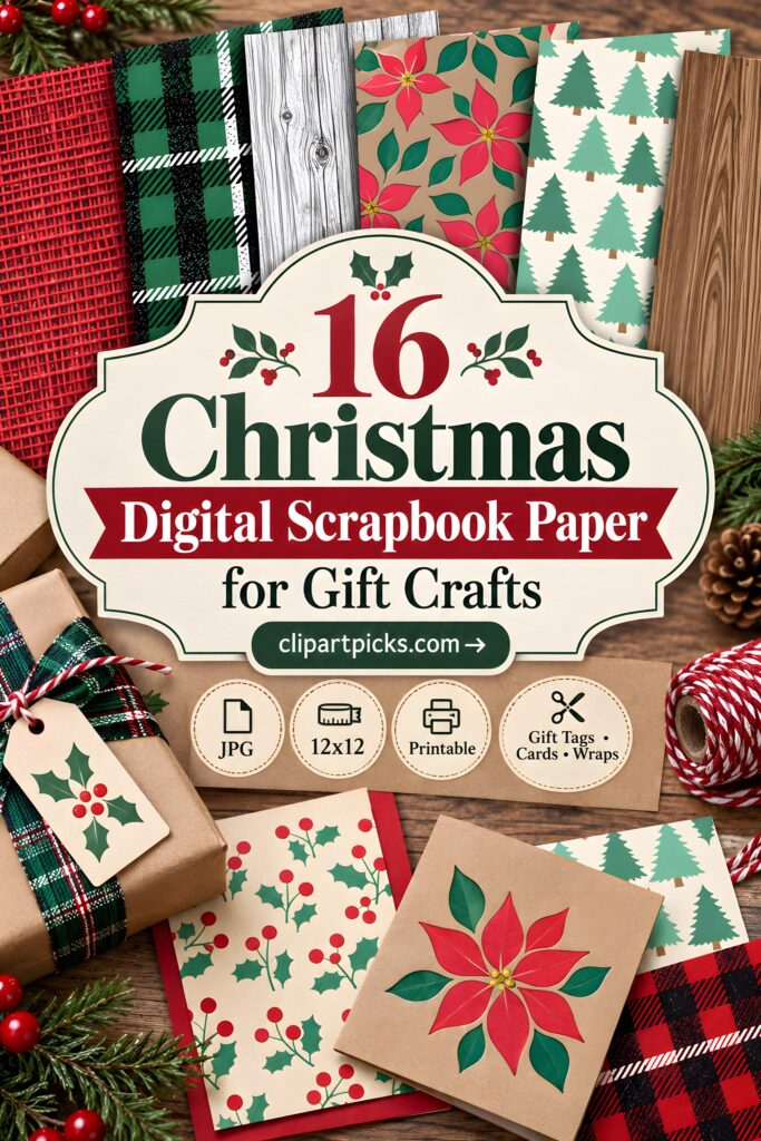 Christmas digital scrapbook paper with various festive patterns including plaid, wood grain, poinsettia, and Christmas trees