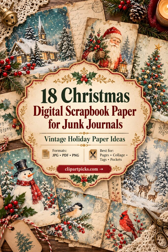Christmas digital scrapbook paper featuring vintage holiday illustrations including Santa, snowmen, Christmas trees, and
