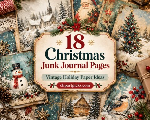 Christmas digital scrapbook paper featuring vintage holiday scenes with Santa, snowman, birds, and decorated Christmas trees
