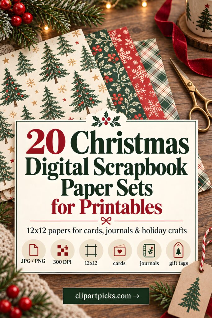 Christmas digital scrapbook paper for printables featuring 12x12 papers with trees, snowflakes, plaid, and floral patterns