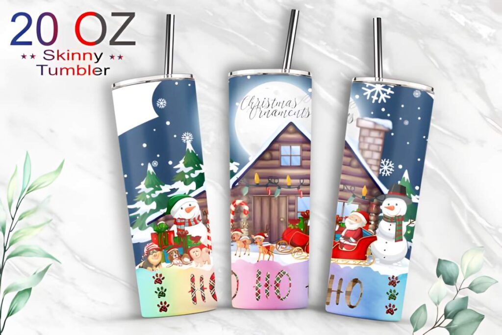 Christmas tumbler sublimation designs featuring festive holiday wraps with snowmen, Santa, and Christmas decorations on 20oz