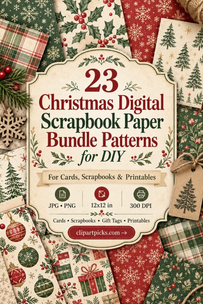 23 Christmas digital scrapbook paper bundle patterns with festive designs including holly, plaid, snowflakes, and Christmas