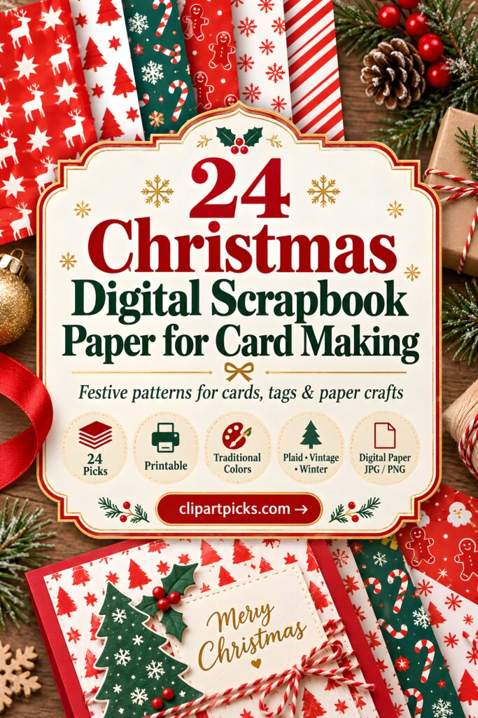 Christmas digital scrapbook paper with festive patterns including trees, candy canes, and snowflakes in red, green, and white