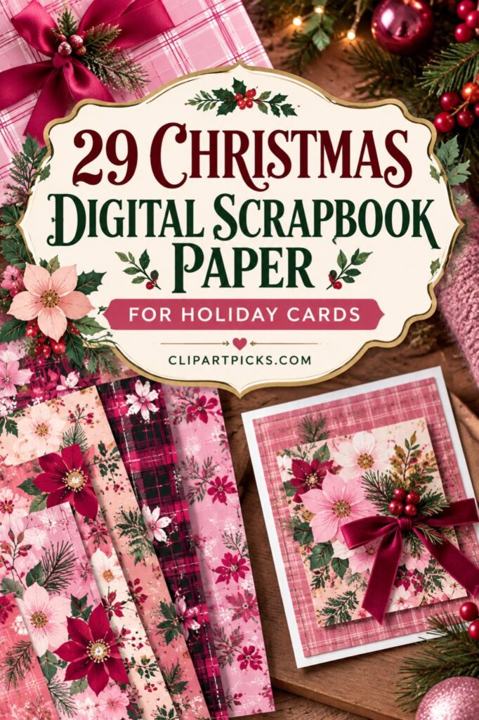 Christmas digital scrapbook paper featuring red and pink floral and plaid patterns for holiday cards