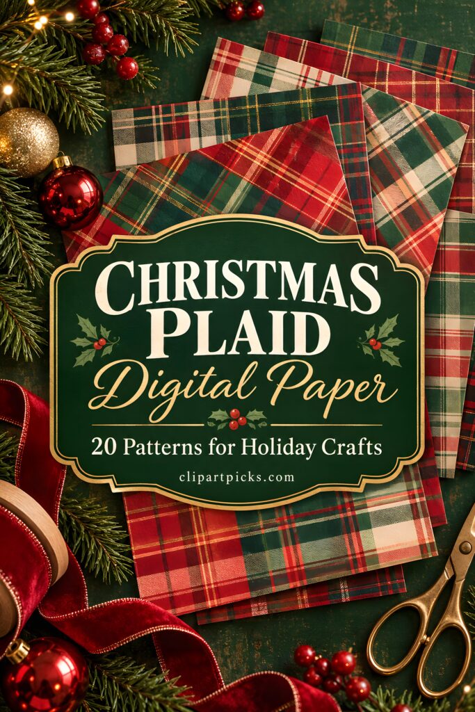 Christmas digital scrapbook paper featuring 20 plaid patterns for holiday crafts with festive decorations