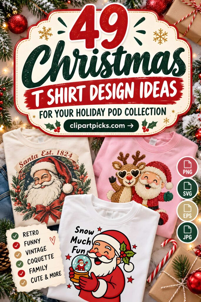 49 Christmas T-shirt design ideas for POD sellers featuring Santa, reindeer, and holiday themes on various shirts