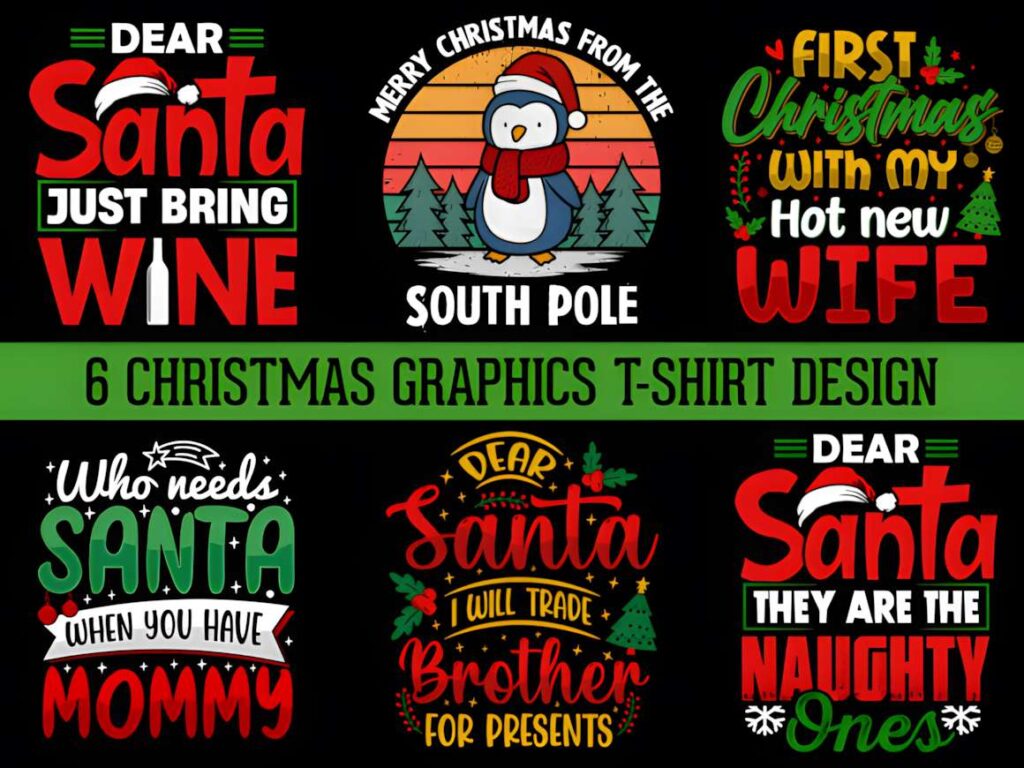 Christmas t-shirt design ideas for POD sellers featuring six holiday-themed graphics with Santa, penguin, and festive text