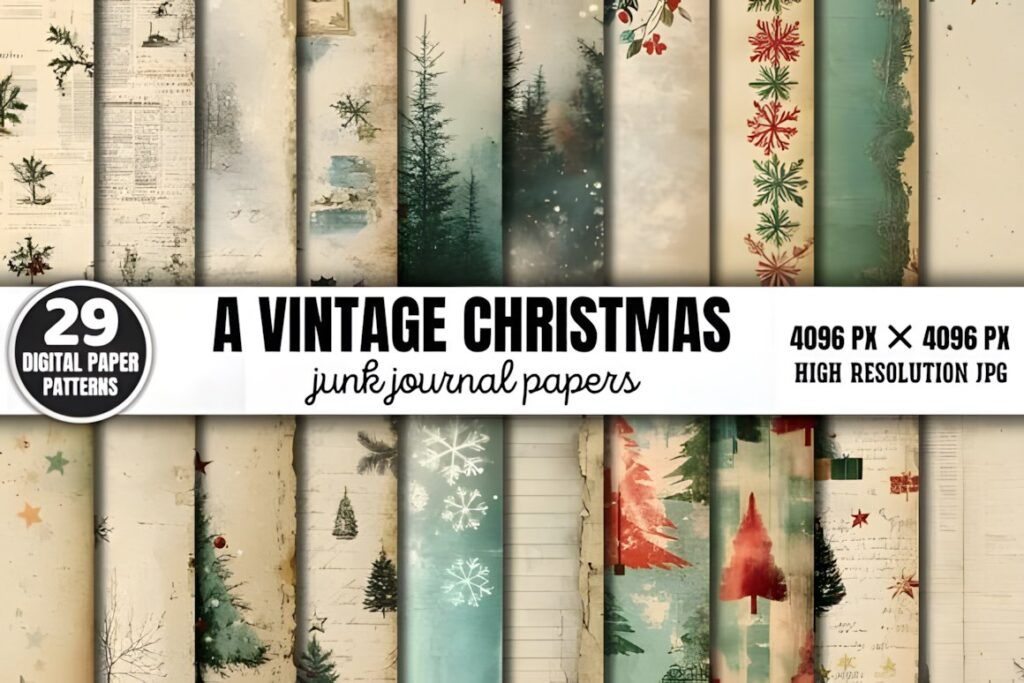 Christmas digital scrapbook paper with vintage journal style patterns including trees, snowflakes, and aged textures
