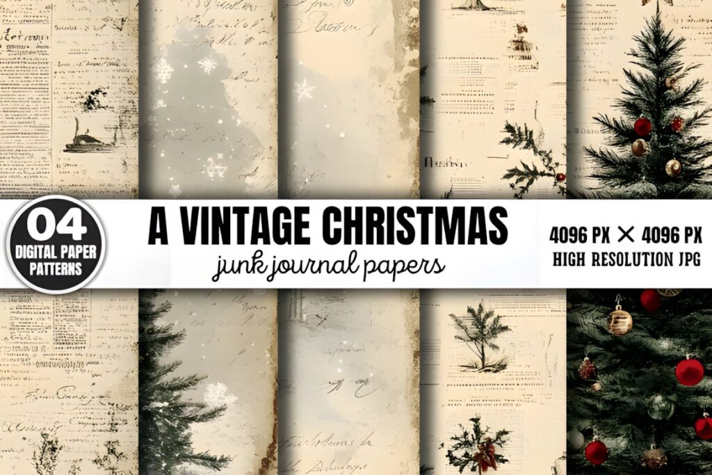 Christmas digital scrapbook paper featuring vintage journal patterns with antique text and decorated Christmas trees