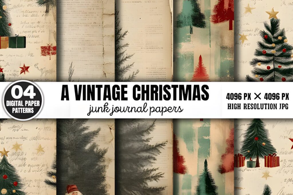 Christmas digital scrapbook paper with vintage journal style featuring trees, gifts, stars, and handwritten text
