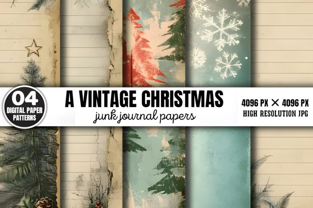 Christmas digital scrapbook paper with vintage Christmas journal patterns featuring trees, snowflakes, and aged paper