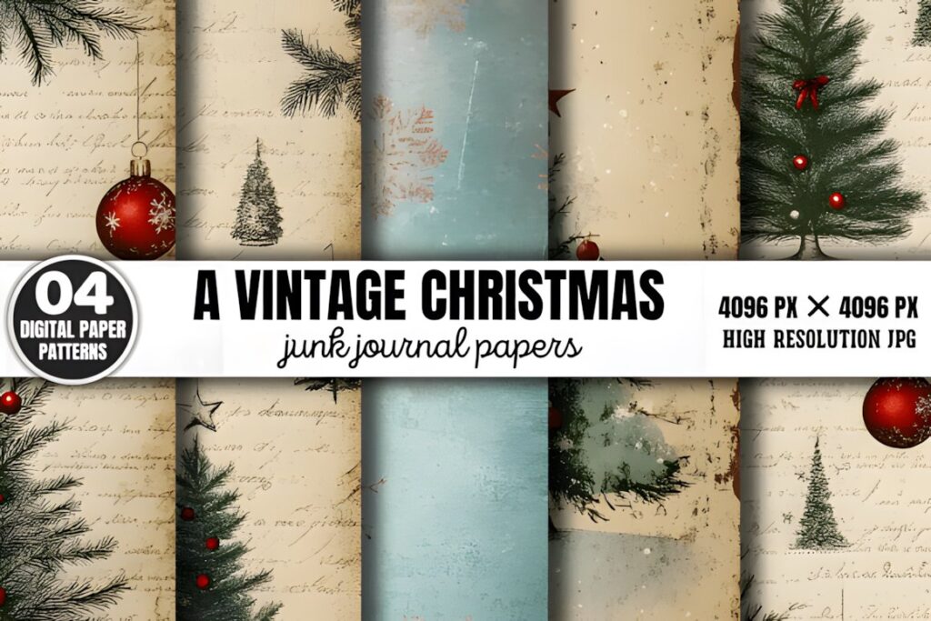 Christmas digital scrapbook paper with vintage journal patterns featuring pine branches, ornaments, and faded script