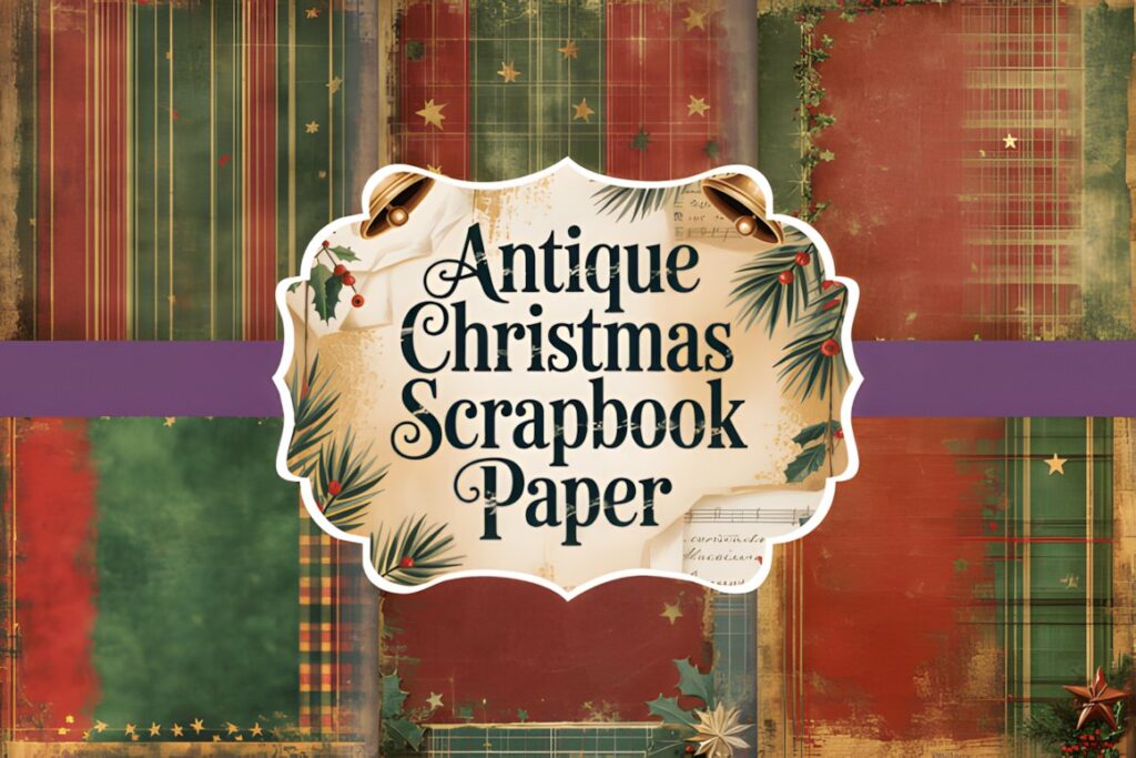 Christmas digital scrapbook paper with antique style featuring aged textures, holly, candles, and traditional Christmas