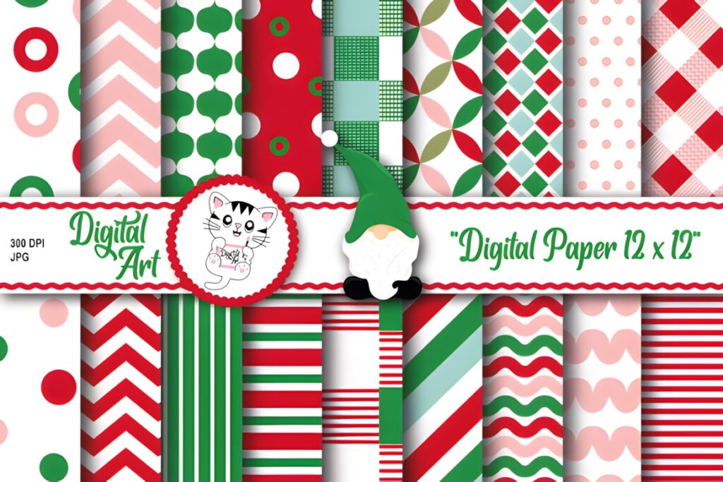 Christmas digital scrapbook paper with various red, green, white, and pink patterns including stripes, dots, chevrons, and