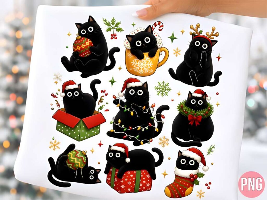 Christmas T-shirt design ideas for POD sellers featuring black cats in festive holiday settings with Santa hats, ornaments