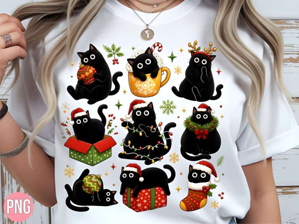 Christmas T-shirt design ideas for POD sellers featuring black cats in festive holiday settings with decorations and gifts
